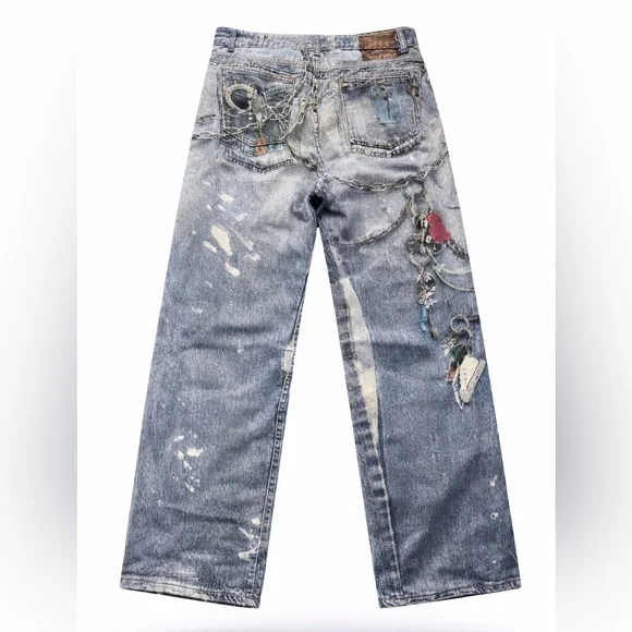 Streetwear Graphic Chain Print Wide Leg Jeans Men M 33 Boho Relaxed Denim NWT - Picture 8 of 13